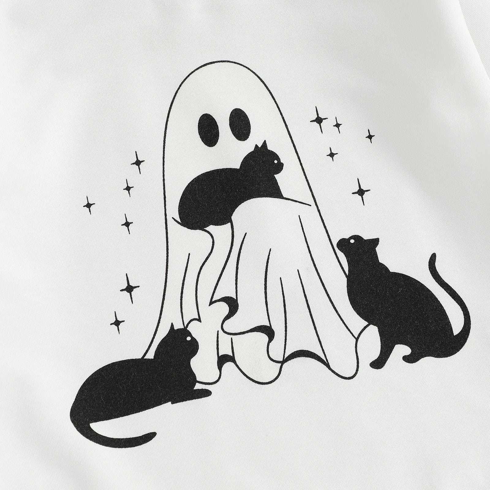 Baby Boys Girls Halloween Bubble Romper Long Sleeve Round Neck Black Cat Ghost Print Romper Fall Playsuit