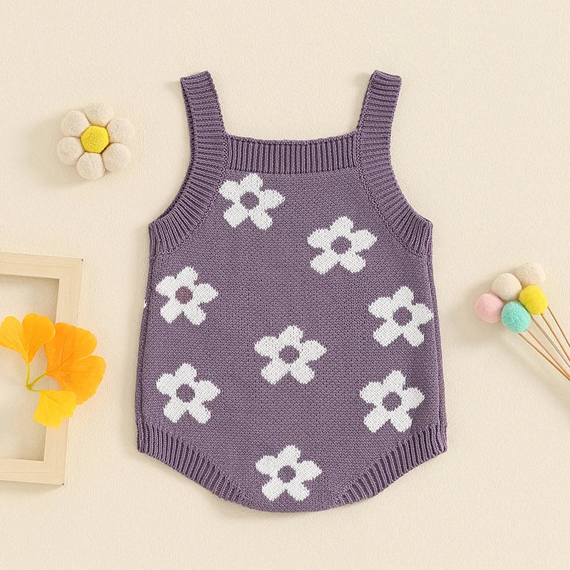 Baby Girl Summer Knit Romper Casual Floral Print Sleeveless Jumpsuit