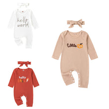 Load image into Gallery viewer, Baby Girls 2Pcs Hello Fall / World / Little Pumpkin Outfit Long Sleeve Crew Neck Embroidery Letters Jumpsuit with Headband Set
