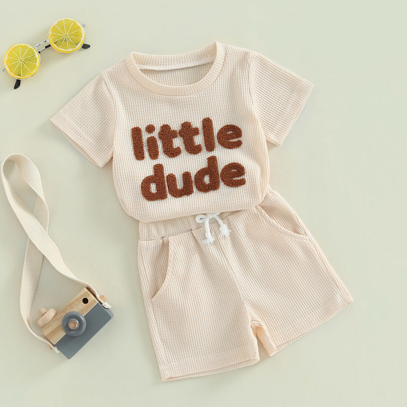 Baby Toddler Boys 2Pcs Little Dude Summer Outfit Short Sleeve Letter Print Top Solid Color Drawstring Shorts Set