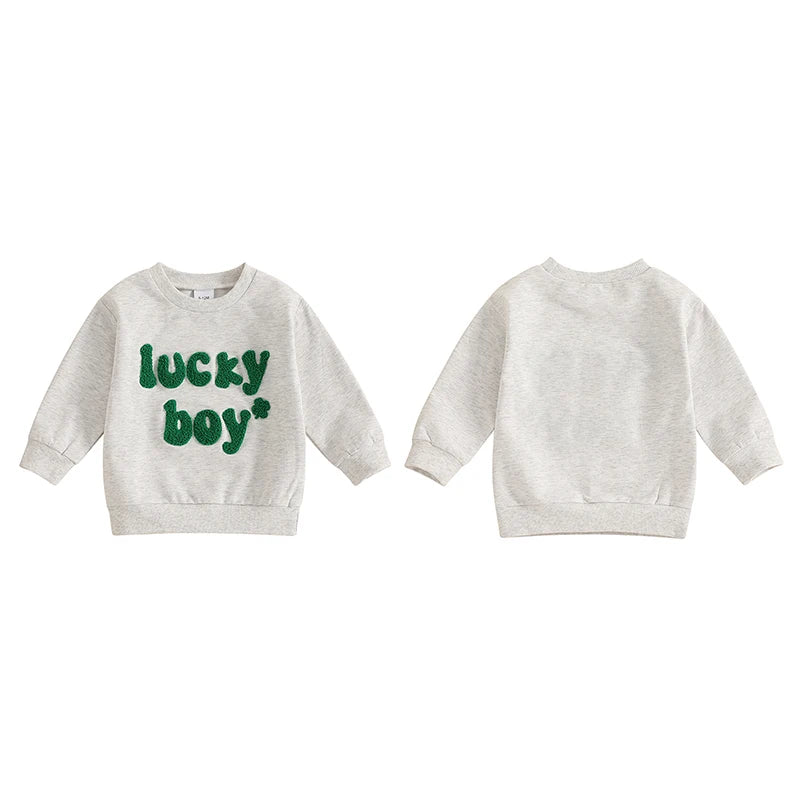 Baby Toddler Boys Lucky Boy St. Patrick's Day Irish Spring Letter Clover Shamrock Embroidered Long Sleeve O-Neck Casual Pullover Top