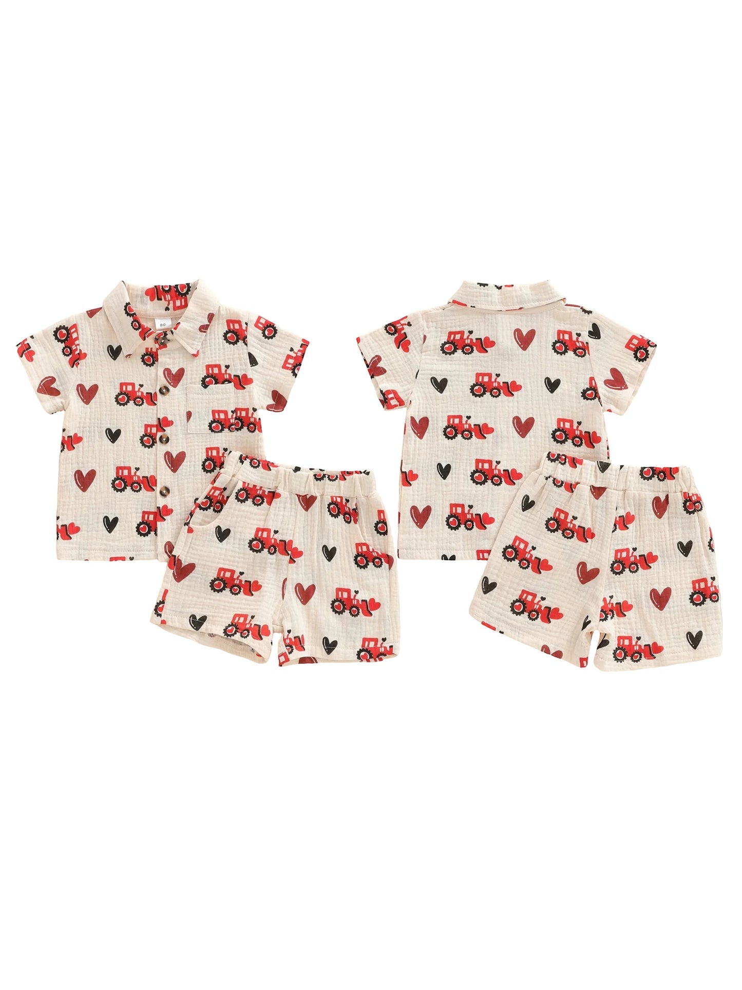 Baby Toddler Boys 2Pcs Valentine's Day Shorts Sets Short Sleeve Lapel Tractor Heart Print Top and Shorts Set