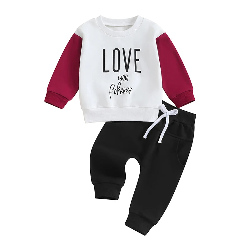 Toddler Baby Boy Girl 2Pcs Valentine's Day Outfit Letter Love You Forever Long Sleeve Top Stretch Jogger Pants Clothes Set