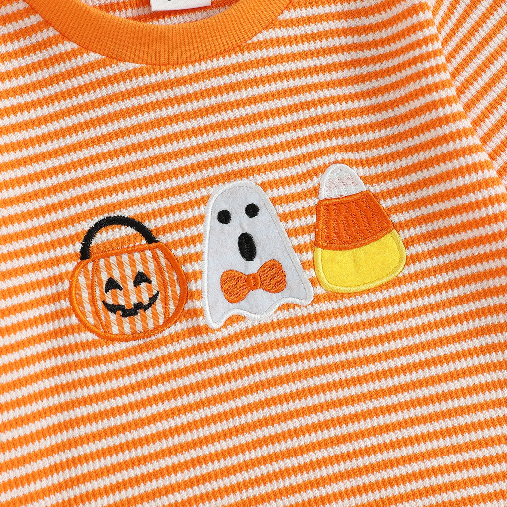 Baby Girls Boys Halloween Romper Long Sleeve Crew Neck Pumpkin Ghost Embroidery Bodysuit Fall