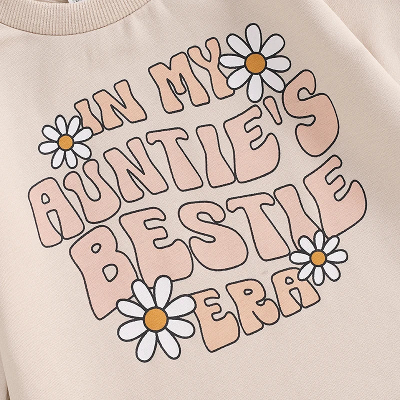 Baby Girls In My Auntie's Bestie Era Letter Flower Print Romper Long Sleeve Round Neck Bubble Jumpsuit