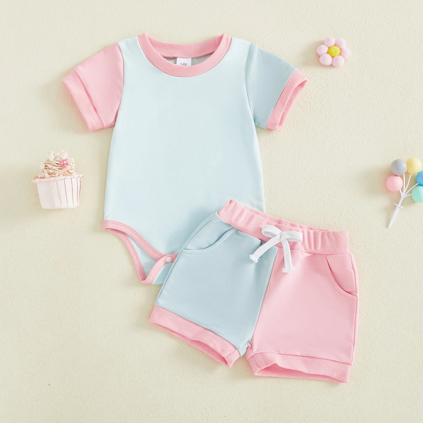 Baby Girls 2Pcs Summer Spring Shorts Set Short Sleeve O Neck Contrast Color Romper and Drawstring Shorts Outfit