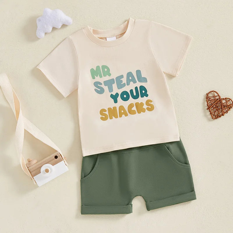 Baby Toddler Boys 2Pcs Mr Steal Your Snacks Set Letter Print Short Sleeve T-shirt Top Solid Elastic Waist Shorts Spring Summer Outfit