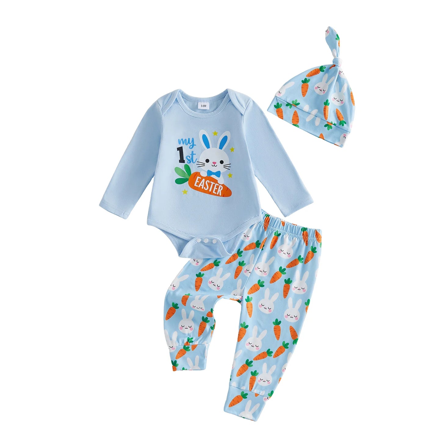 Baby Boy 3Pcs My 1st Easter Outfit Bunny Carrot Print Crew Neck Long Sleeve Romper Pants and Hat Set