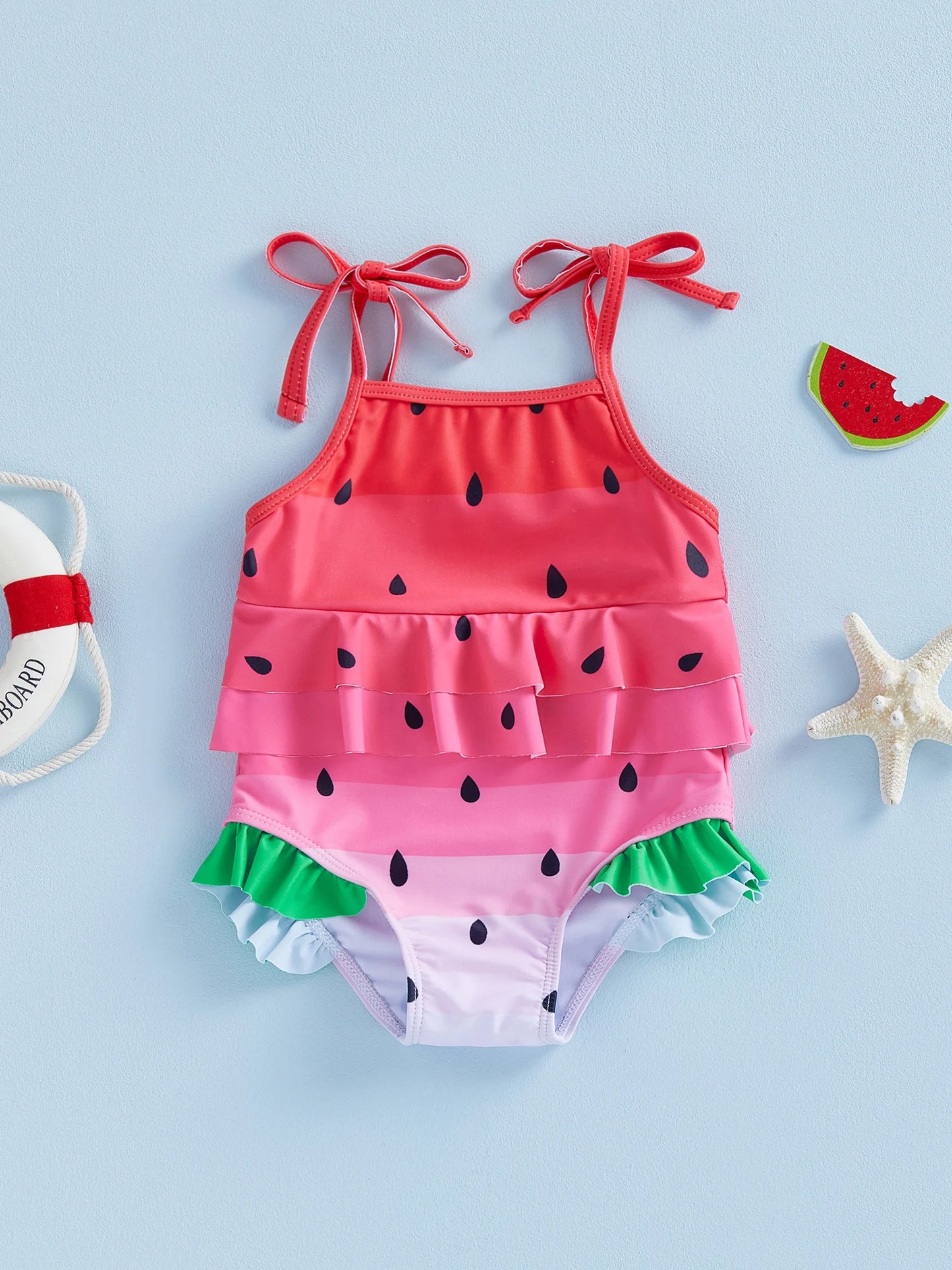 Baby Toddler Girl Swimsuit Summer Sleeveless Tie Straps Layered Ruffles Watermelon Swimwear Romper Bathing Suit