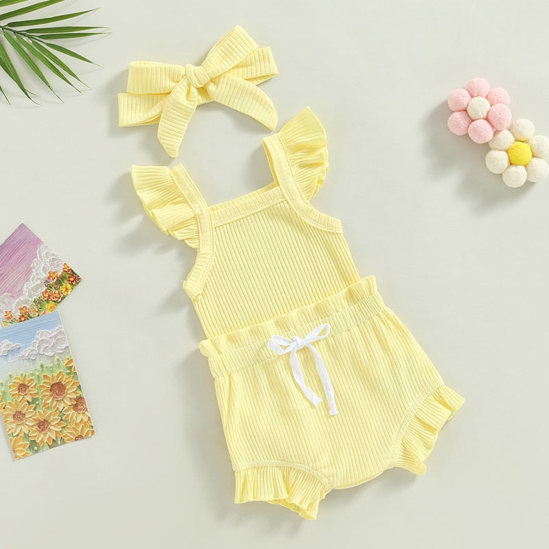 Baby Toddler Girls 3Pcs Flutter Sleeve Solid Romper Tops Drawstring Short Pants Headband Outfit