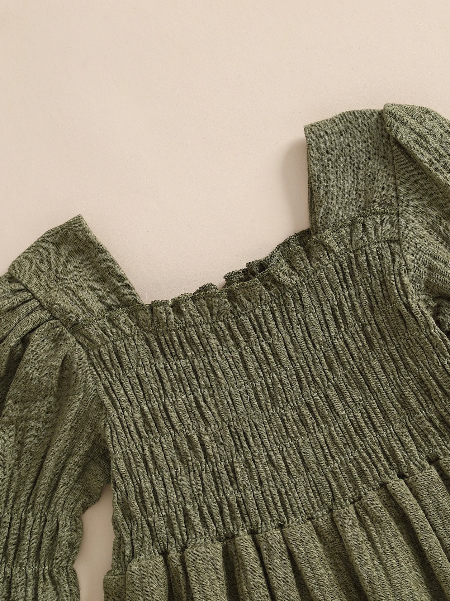 Baby Toddler Girl Bubble Sleeve Dress Stylish Solid Smocked Square Neck Long Sleeve A Line Dress