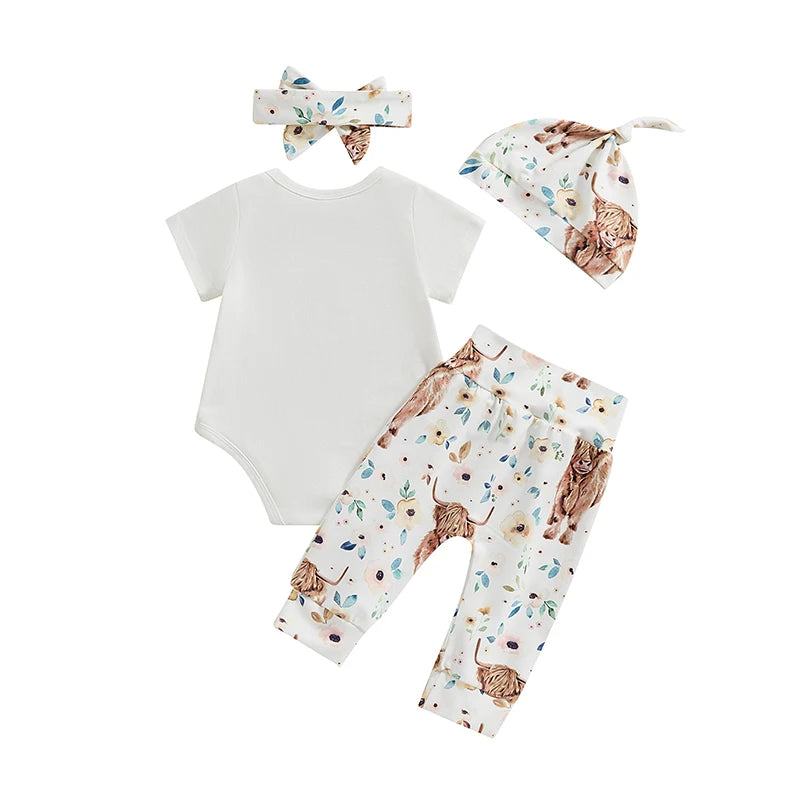 Baby Girls 4Pcs Outfit Hello I'm New Here Letter Print Short Sleeve Romper and Floral Cow Pants Headband Beanie Hat Set