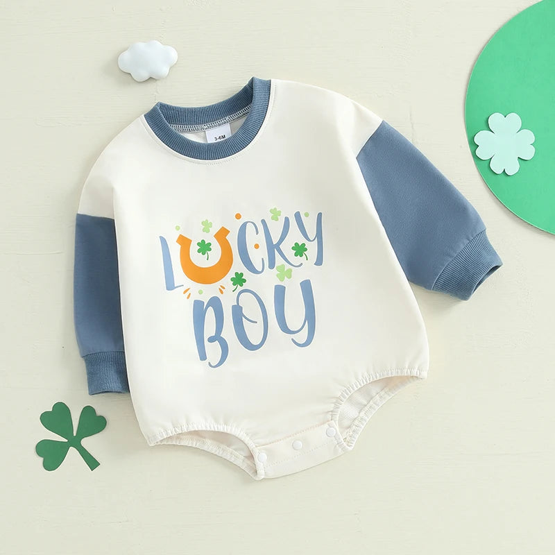 Baby Girls Lucky Girl Spring St. Patrick's Day Bubble Romper Long Sleeve Crewneck Shamrock Horseshoe Print Bodysuit