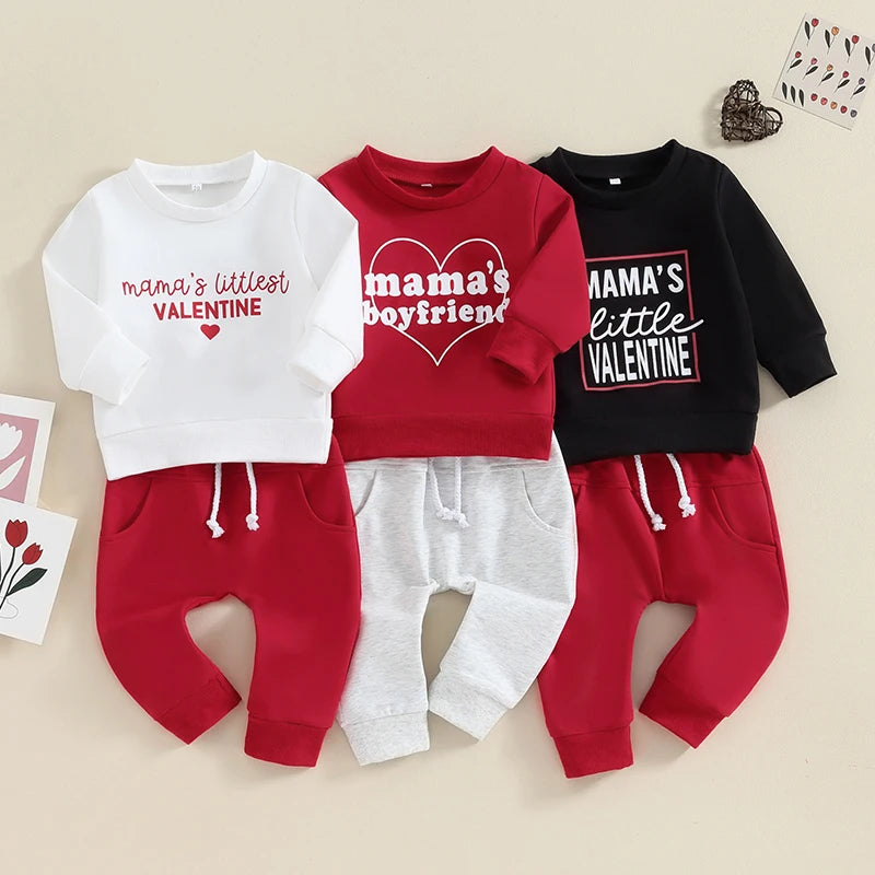 Toddler Baby Boy Girl 2Pcs Set Long Sleeve Letter Mama's Littlest Little Valentine / Mama's Boyfriend Heart Print Top with Jogger Pants Valentine's Day Outfits