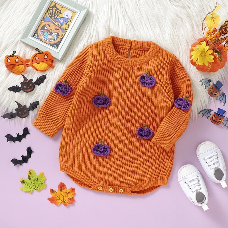 Baby Boys Girls Halloween Knit Romper Pumpkin Embroidery Round Neck Long Sleeve Sweater Jumpsuit