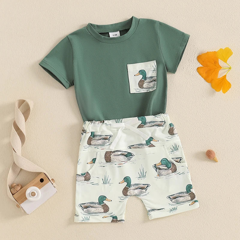 Baby Toddler Boys 2Pcs Duck Print Spring Outfit Short Sleeve T-Shirt Top Elastic Waist Shorts Farm Clothes Summer Set