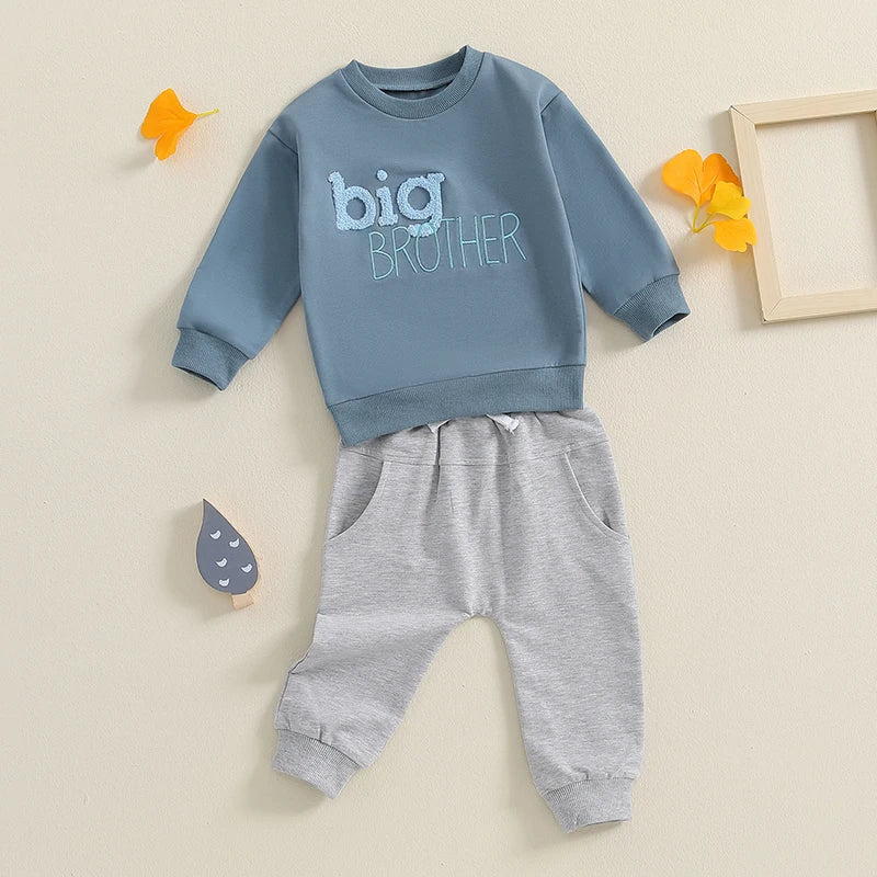 Toddler Kids Boys 2Pcs Big Brother Fall Set Letter Embroidery Long Sleeve Crewneck Top with Solid Color Pants Outfit