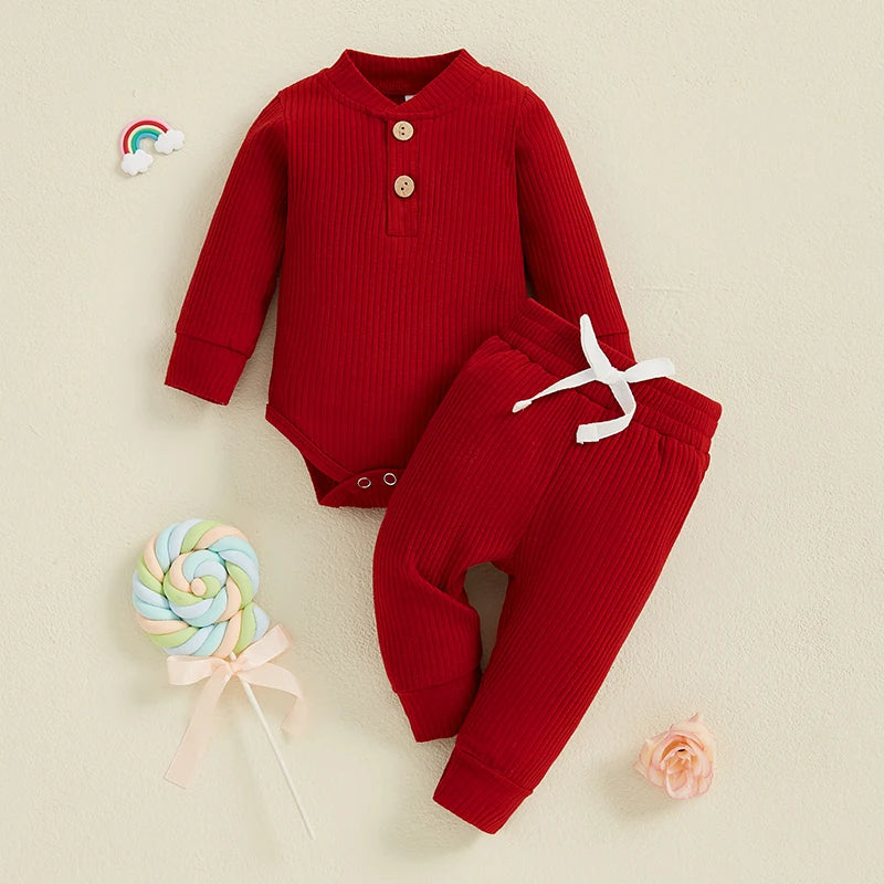 Baby Toddler Girl Boy 2Pcs Autumn Ribbed Clothes Sets Long Sleeve Bodysuits + Elastic Pants 2PCs Outfit