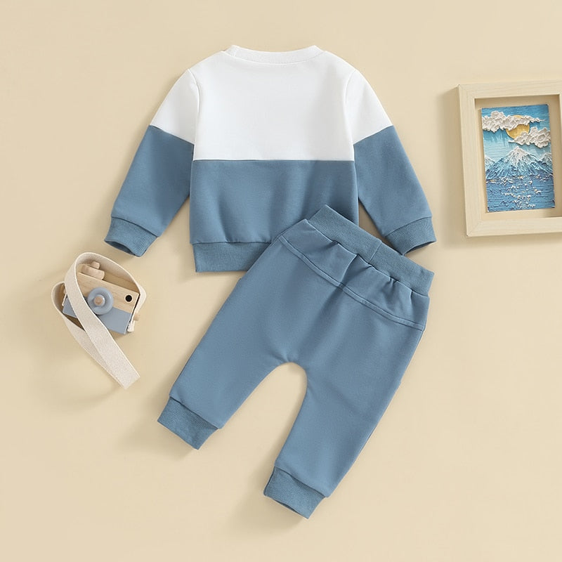 Baby Toddler Boys Girls 2Pcs Fall Outfits Contrast Color Pocket Long Sleeve Top Solid Long Pants Clothes Set