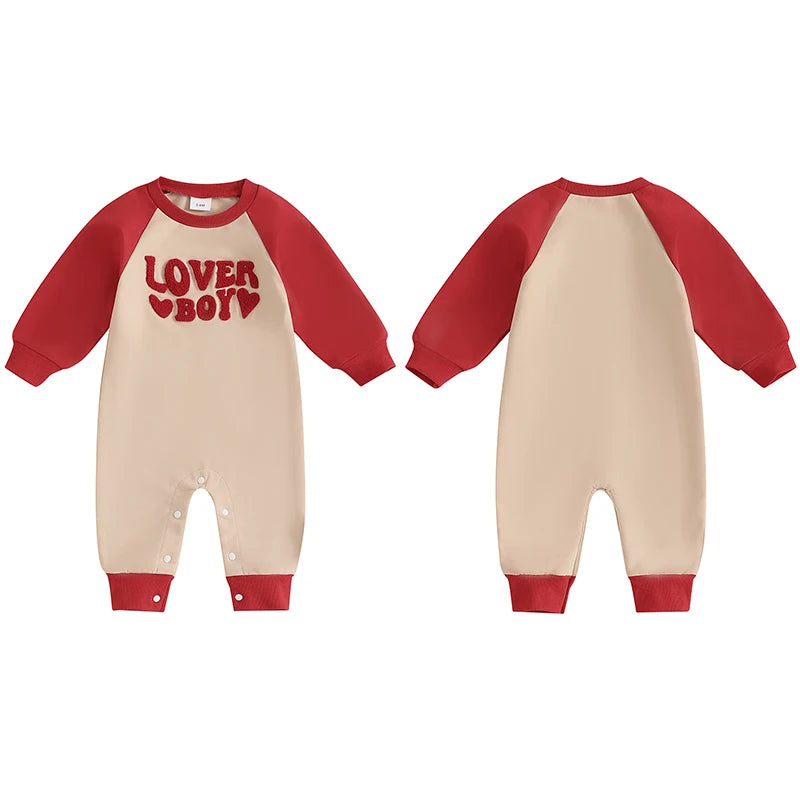 Baby Boys Lover Boy Valentine's Day Romper Heart Letter Embroidery Long Sleeve Crew Neck Raglan Valentines Jumpsuit