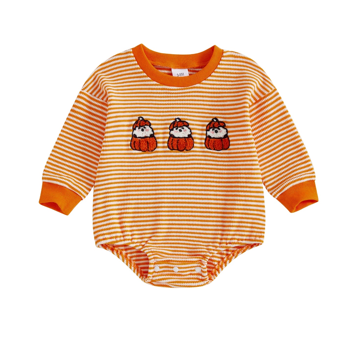 Baby Girls Boys Halloween Striped Romper Pumpkin/Ghost Embroidery Long Sleeve Jumpsuit