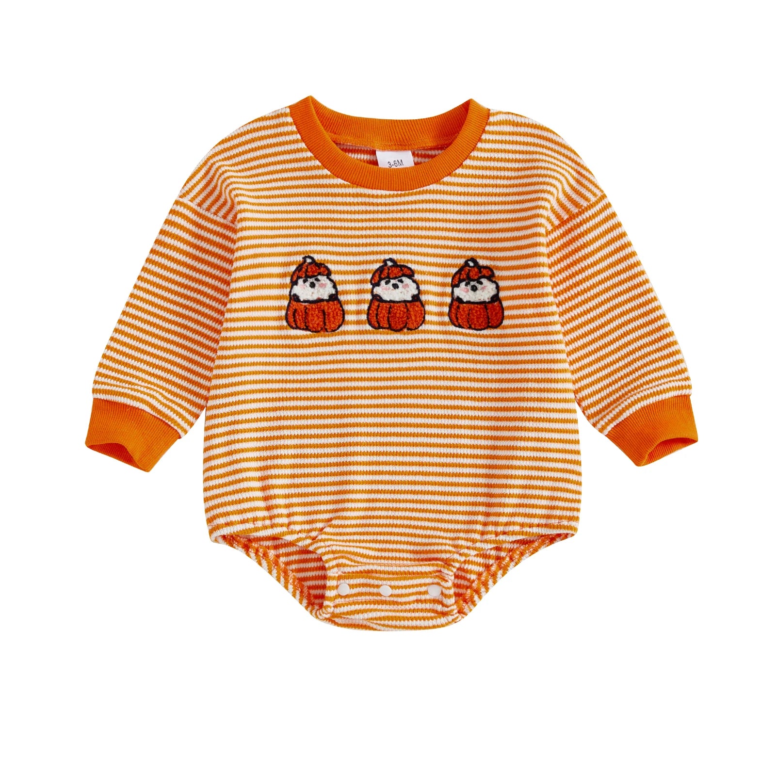 Baby Girls Boys Halloween Striped Romper Pumpkin/Ghost Embroidery Long Sleeve Jumpsuit