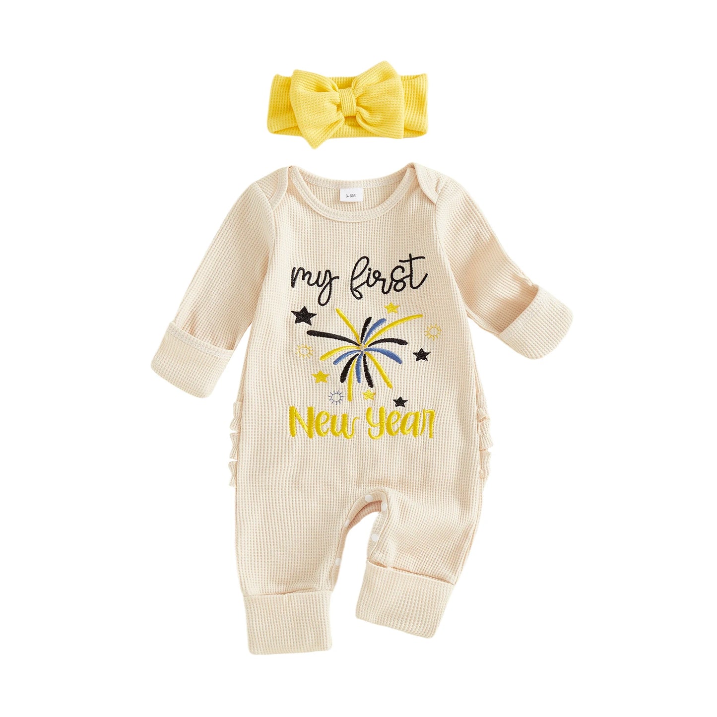 Baby Girl 2Pcs My First New Year Romper Long Sleeve Round Neck Waffle Knit Letter Embroidery Infant Bodysuit with Bow Headband Set