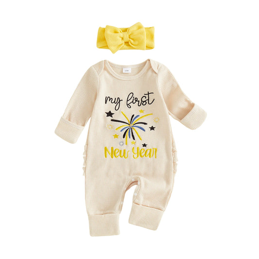 Baby Girl 2Pcs My First New Year Romper Long Sleeve Round Neck Waffle Knit Letter Embroidery Infant Bodysuit with Bow Headband Set