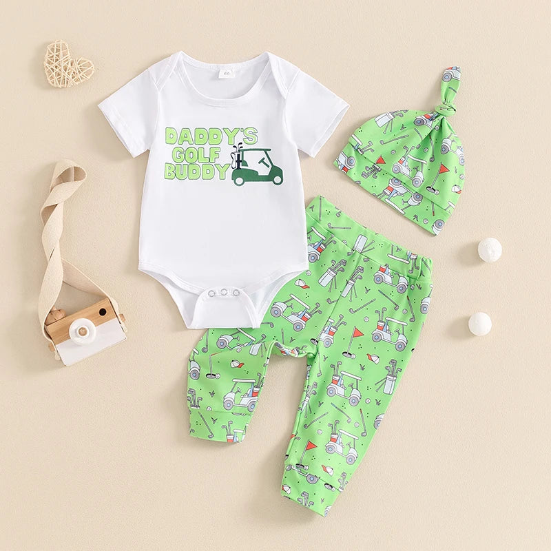 Baby Boys 3Pcs Outfit Daddy's Golf Buddy / It's In My DNA Letters Print Short Sleeve Romper Golf Cart Print Pants and Hat Infant Clothes Set