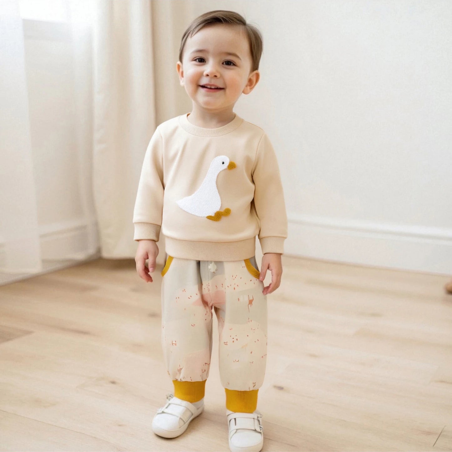 Baby Toddler Boys 2Pcs Fall Set Fashionable Long Sleeve Chicken/Duck Embroidery Pullover Top with Print Jogger Pants 2 Pcs Outfits