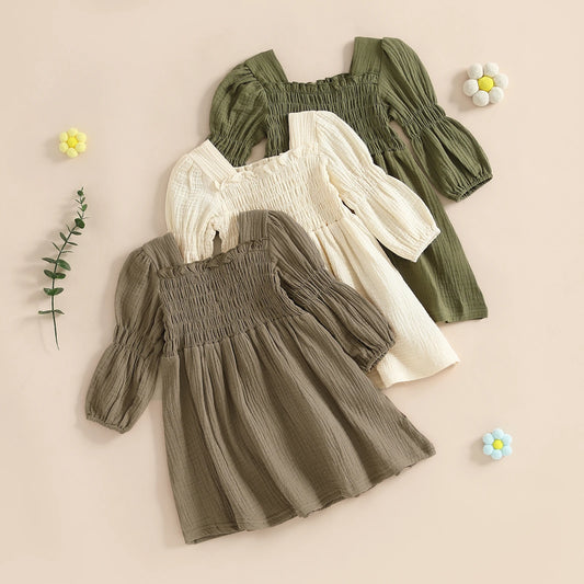 Baby Toddler Girl Bubble Sleeve Dress Stylish Solid Smocked Square Neck Long Sleeve A Line Dress