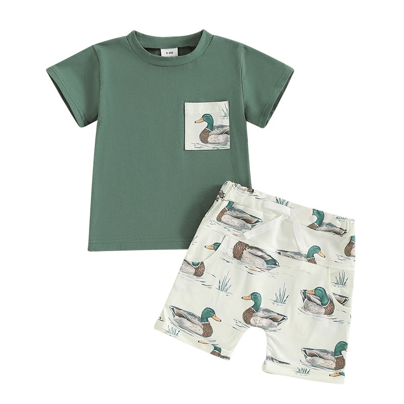 Baby Toddler Boys 2Pcs Duck Print Spring Outfit Short Sleeve T-Shirt Top Elastic Waist Shorts Farm Clothes Summer Set