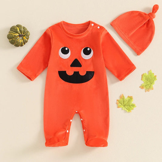 Baby Boys Girls 2Pcs Halloween Pumpkin Romper Long Sleeve Crew Neck Cartoon Embroidery Jumpsuit with Hat Set