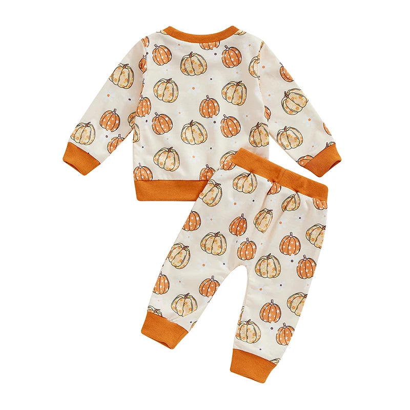 Baby Toddler Girls Boys 2Pcs Fall Set Pumpkin Print Long Sleeve Round Neck Top Long Pants Outfit