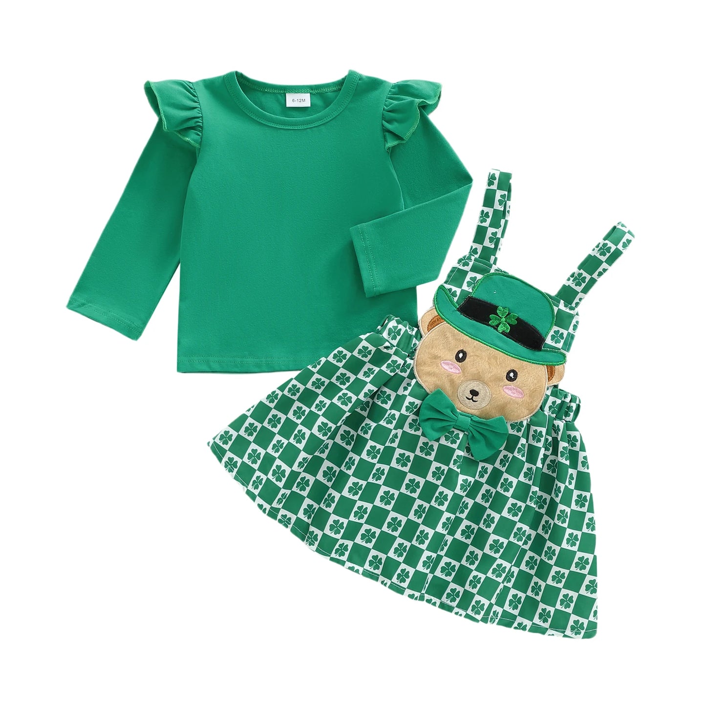 Baby Toddler Girls 2Pcs St. Patrick's Day Outfits Solid Color Long Sleeve Top Shamrock Embroidery Plaid Suspender Overalls Skirt Dress Two Piece Set