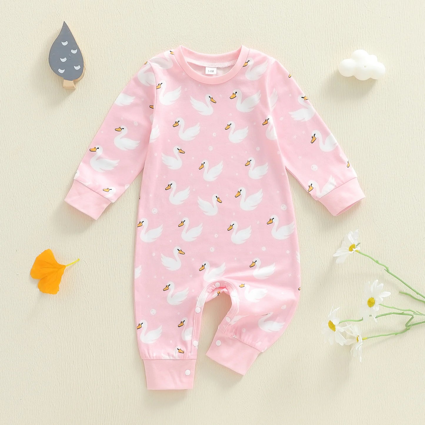 Baby Boys Girls Romper Comfortable Geese Print Crew Neck Long Sleeve Full Length Jumpsuit