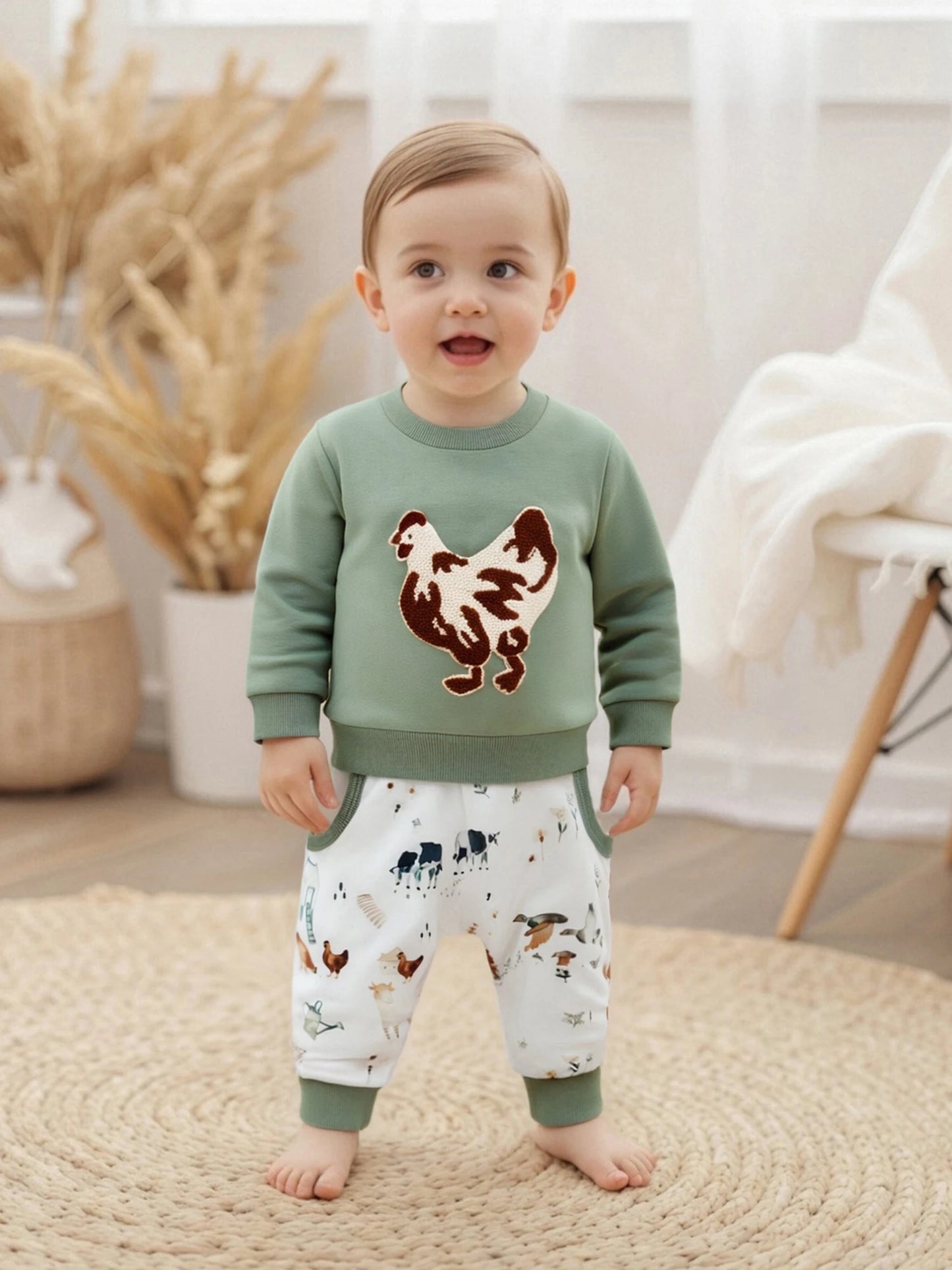 Baby Toddler Boys 2Pcs Fall Set Fashionable Long Sleeve Chicken/Duck Embroidery Pullover Top with Print Jogger Pants 2 Pcs Outfits