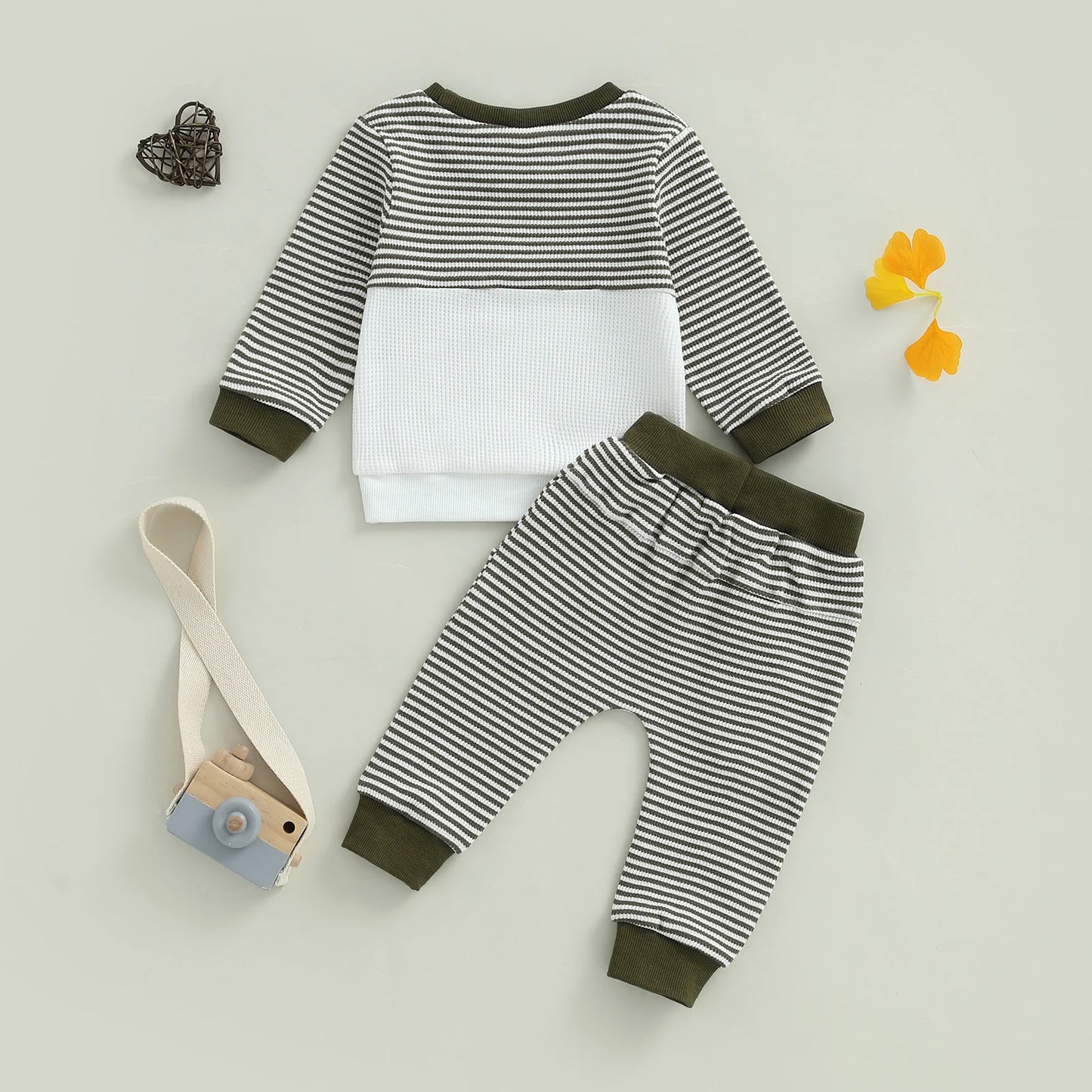 Baby Toddler Boys 2Pcs Fall Waffled Outfits Stripe Pocket Long Sleeve Round Neck Pullover + Elastic Waist Pants Jogger Set
