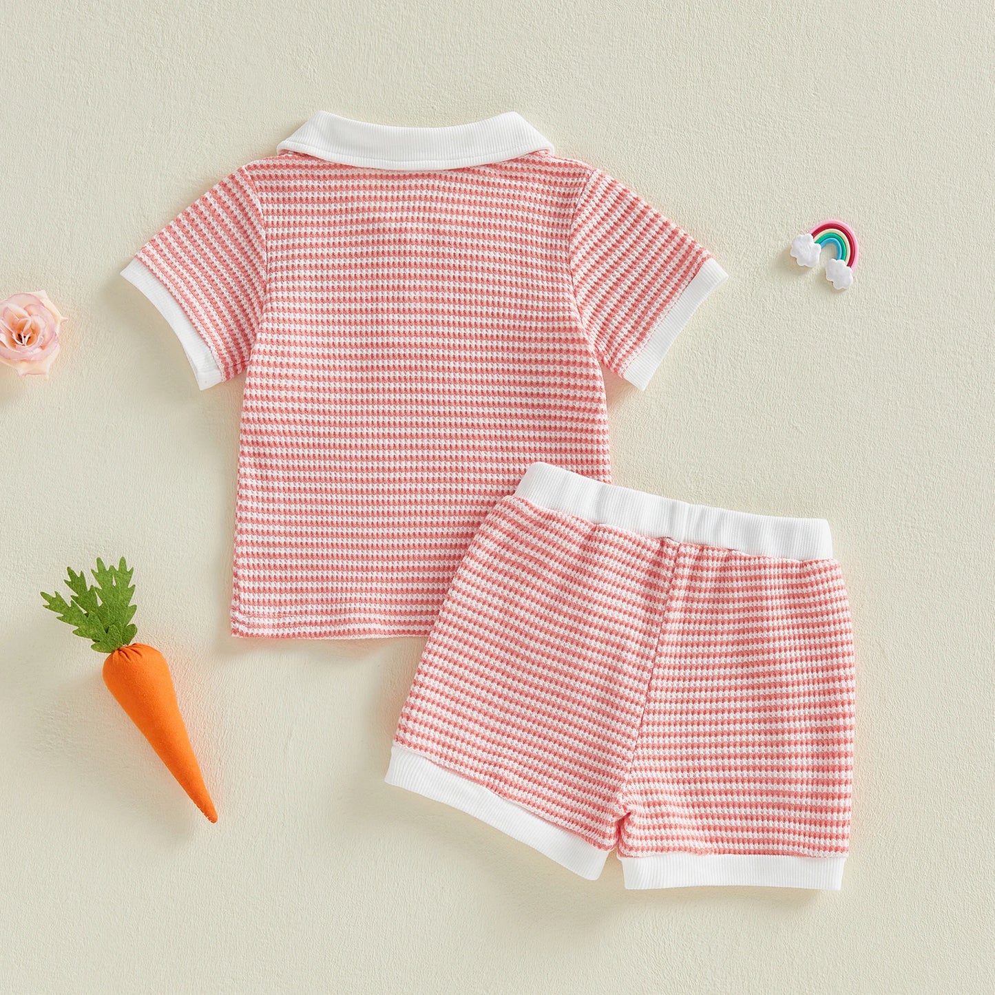 Baby Toddler Boys 2Pcs Easter Outfit Fashionable Striped Short Sleeve Carrot Cross Embroidery Top with Shorts 2Pcs Clothing Set