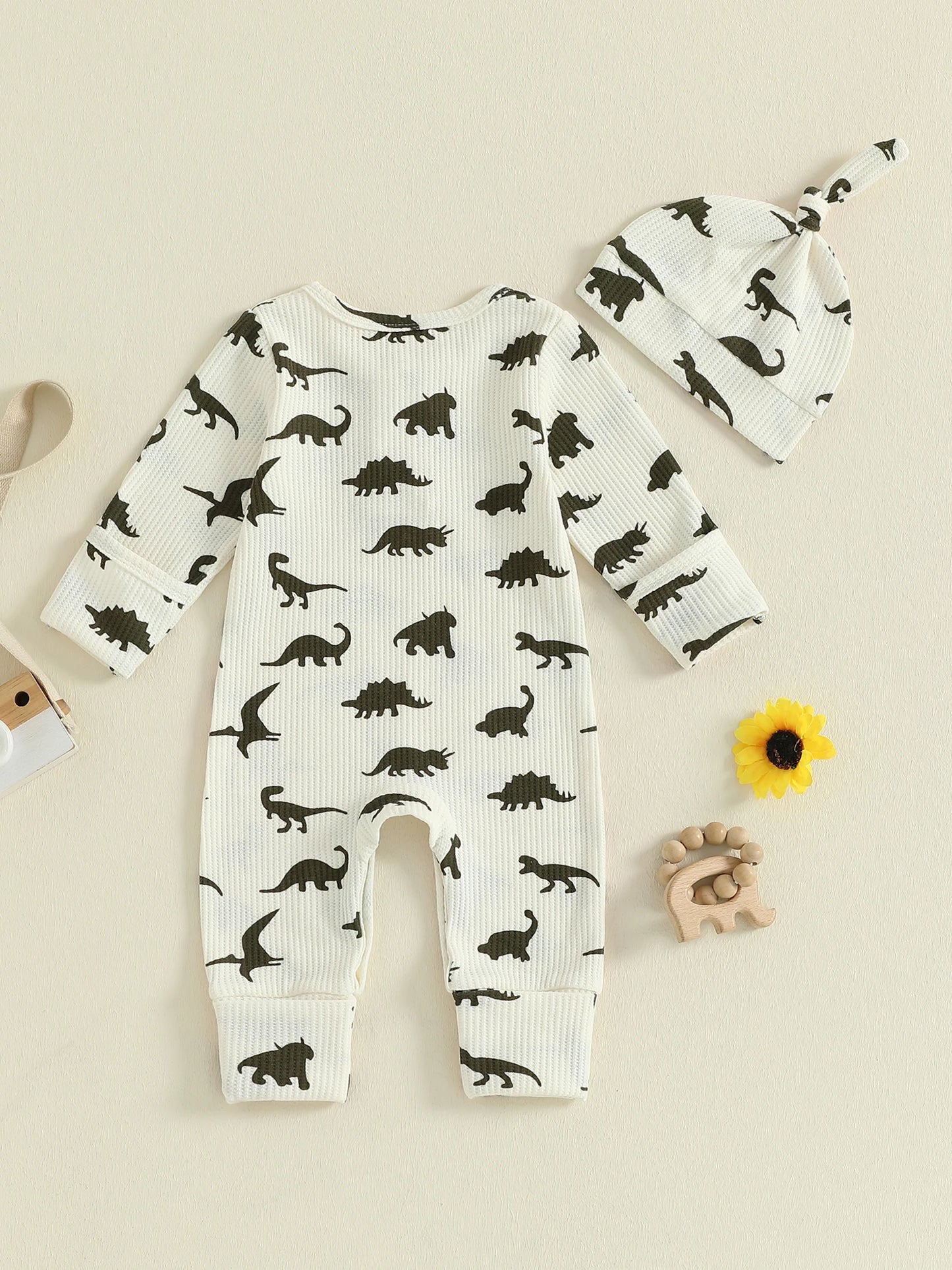 Baby Boys Girls 2Pcs  Jumpsuit Set Long Sleeve Crew Neck Dinosaur Print Fall Casual Romper with Hat