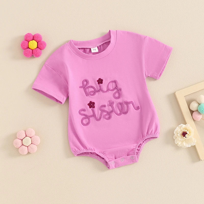 Baby Girl Boy Romper Short Sleeve Crew Neck Big Lil Bro Baseball Brother Big Sis Sister Letter Embroidery Bodysuit