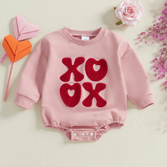 Baby Girls XOXO Bubble Romper Valentine's Day Heart Letters Embroidered Long Sleeve Bodysuit Valentines Jumpsuit