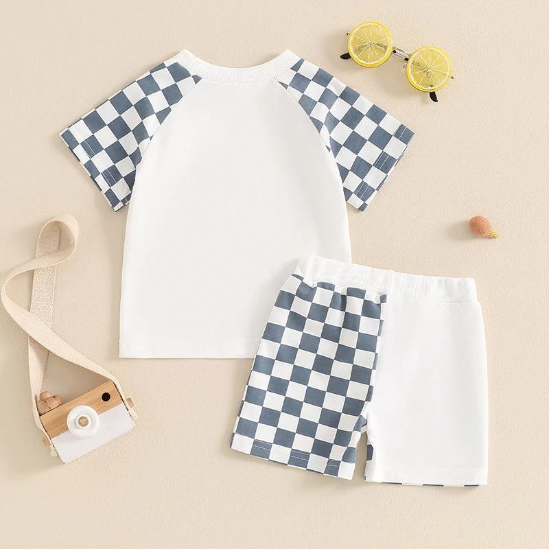 Baby Toddler Kids Boys 2Pcs Set Plaid Checker Short Sleeve Crew Neck Top with Elastic Waist Shorts Set Summer Outfit