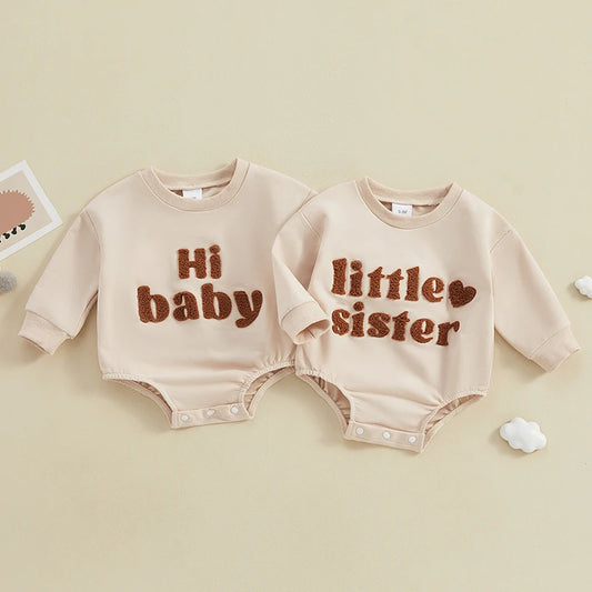 Baby Girls Boys Bubble Romper Bodysuit Hi Baby / Little Sister Letter Heart Embroidered Long Sleeve