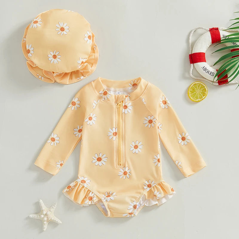 Baby Toddler Girls 2Pcs Swimsuit Daisy Flower Print Long Sleeve Round Neck Swimwear Front Zipper Bathing Suit and Hat Set
