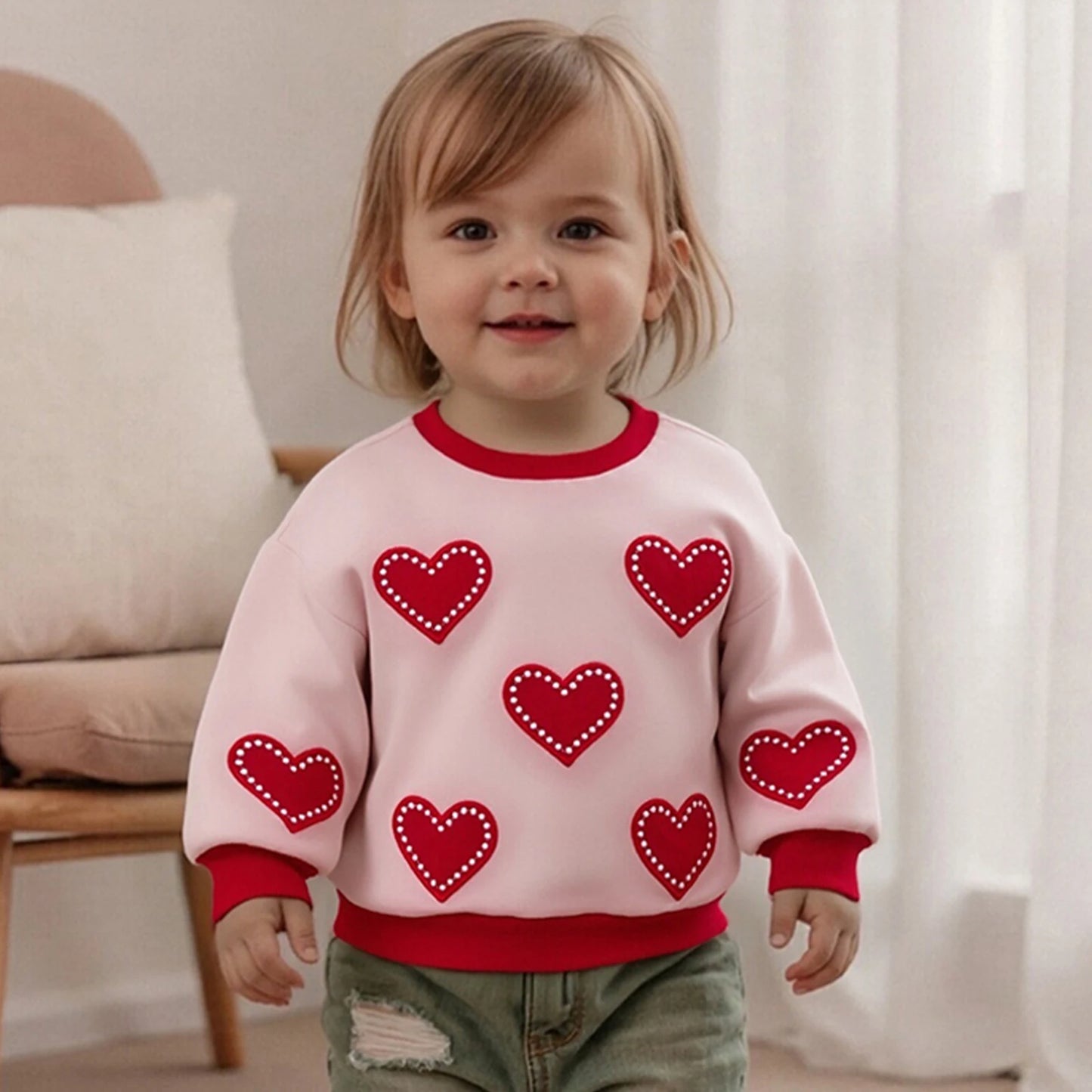 Toddler Girl Valentine s Day Autumn Long Sleeve Crew Neck Heart Print Pullover Top