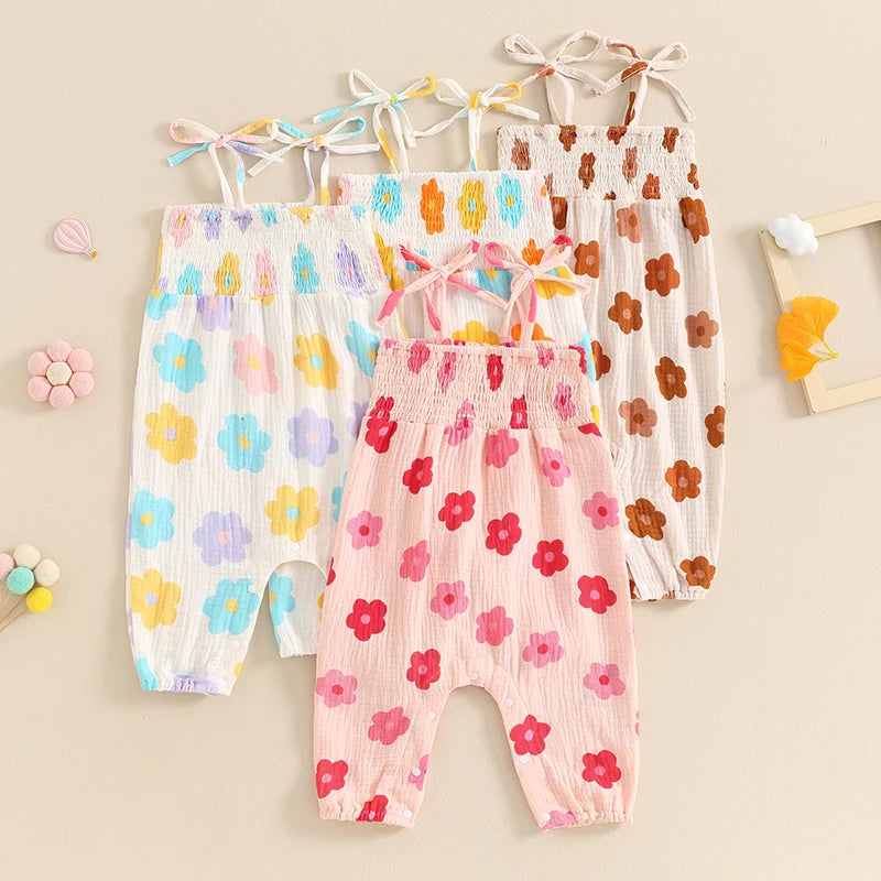 Baby Girl Romper Flower Print Shirred Square Neck Tie-Up Spaghetti Strap Tank Top Jumpsuit Summer Overalls