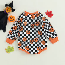 Load image into Gallery viewer, Baby Girl Boy Halloween Bodysuit Long Sleeve Pumpkin Printed Crew Neck Checkered Romper
