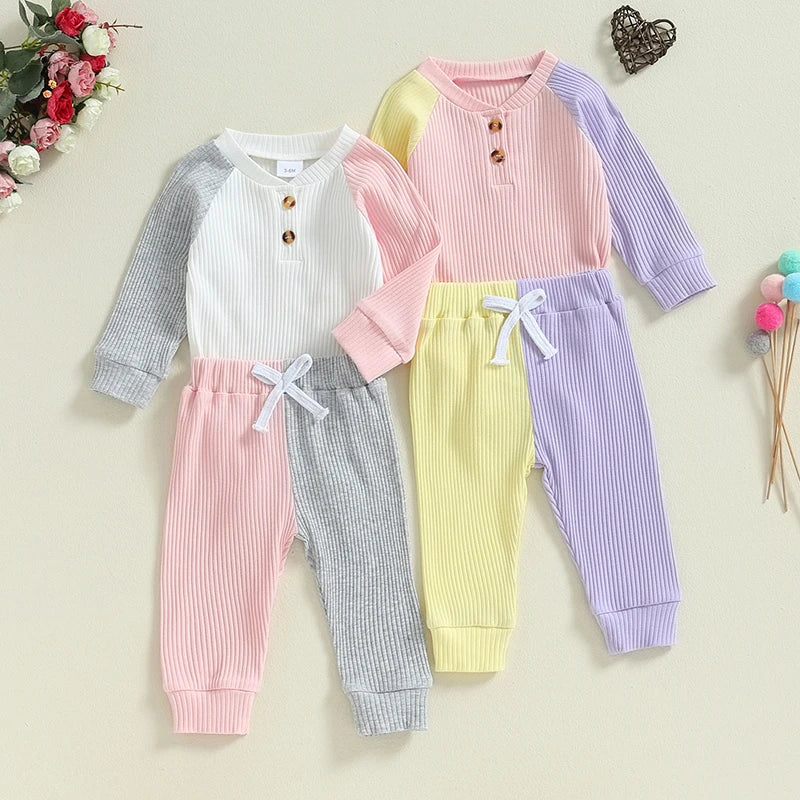 Baby Girls 2Pcs Outfit Contrast Color Long Raglan Sleeve Romper and Elastic Pants Set