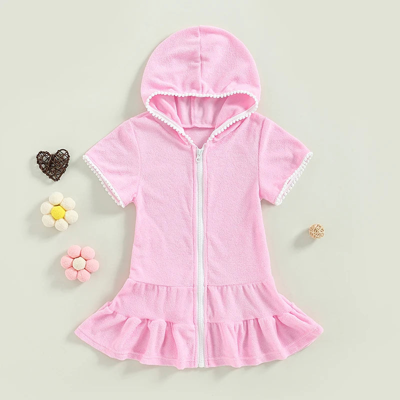 Toddler Kids Girls Swimwear Cover Up Dress Short Sleeve Zip Up Ruffles Solid Beach Dress for Kids